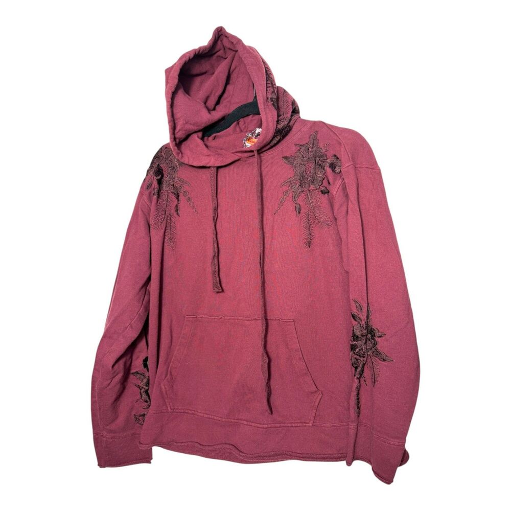 Johnny Was Burgundy Floral Embroidered Hoodie Sweatshirt Size Small